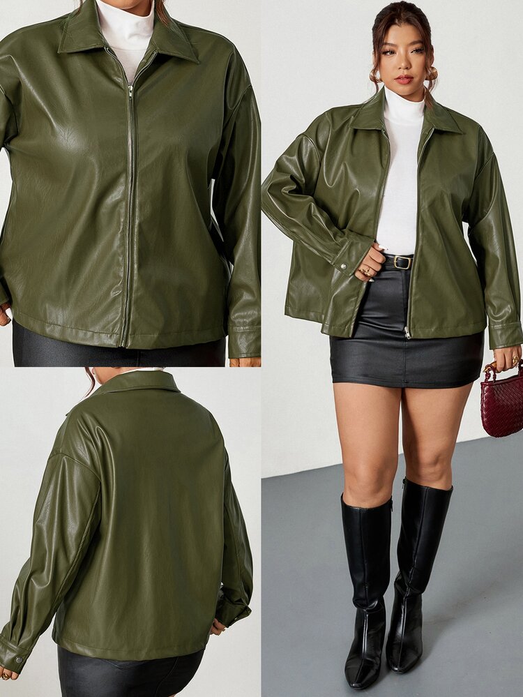 Firerie Plus Size Solid Color Zip-Up Casual Smart Casual Versatile Long Sleeve Jacket Autumn Winter For Women Army Green - Green - View 8