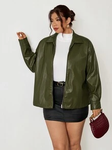Firerie Plus Size Solid Color Zip-Up Casual Smart Casual Versatile Long Sleeve Jacket Autumn Winter For Women Army Green - Green - View 6