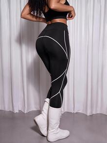 SHEIN Core Rhythm Women's High Waist Colorblock Sports Leggings - Black and White - View 4
