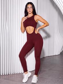 Slayform Women's Hollow Out Solid Color Round Neck Sleeveless Fitted Sports Jumpsuit - Red Violet - View 6