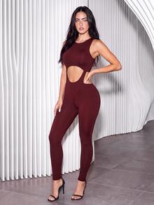 Slayform Women's Hollow Out Solid Color Round Neck Sleeveless Fitted Sports Jumpsuit - Red Violet - View 5