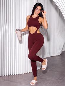 Slayform Women's Hollow Out Solid Color Round Neck Sleeveless Fitted Sports Jumpsuit - Red Violet - View 7