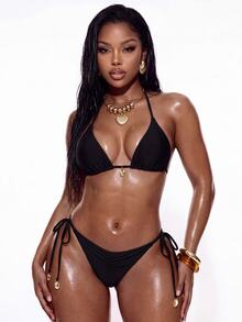 Swim Basics Conjunto de bikini de verano 2025 para mujer de unicolor con escote halter y lazos, conjunto de bikini de cadena, conjunto de bikini triangular, conjunto de bikini para vacaciones, conjunto de bikini con corte en V, conjunto de bikini diminuto - Negro - Ver 4