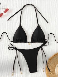 Swim Basics Conjunto de bikini de verano 2025 para mujer de unicolor con escote halter y lazos, conjunto de bikini de cadena, conjunto de bikini triangular, conjunto de bikini para vacaciones, conjunto de bikini con corte en V, conjunto de bikini diminuto - Negro - Ver 3