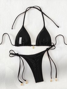 Swim Basics Conjunto de bikini de verano 2025 para mujer de unicolor con escote halter y lazos, conjunto de bikini de cadena, conjunto de bikini triangular, conjunto de bikini para vacaciones, conjunto de bikini con corte en V, conjunto de bikini diminuto - Negro - Ver 5