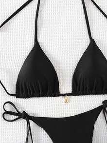 Swim Basics Conjunto de bikini de verano 2025 para mujer de unicolor con escote halter y lazos, conjunto de bikini de cadena, conjunto de bikini triangular, conjunto de bikini para vacaciones, conjunto de bikini con corte en V, conjunto de bikini diminuto - Negro - Ver 6