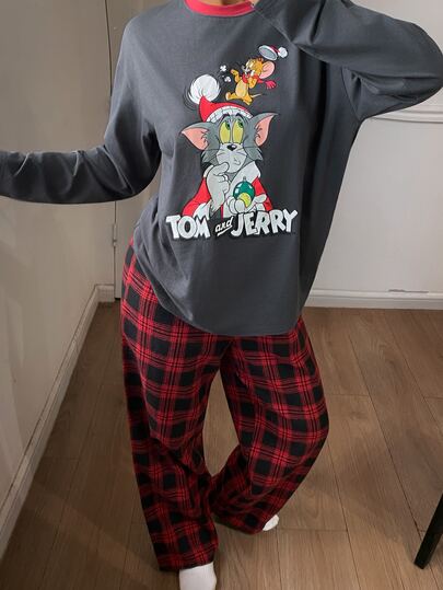 TOM AND JERRY X DAZY Women's Letter Cartoon Print Long Sleeve Top And Plaid Pants Casual Daily Home Sleepwear Set