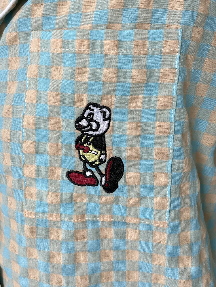 DAZY Gingham Print Cartoon Embroidery PJ Set - Blue - View 8