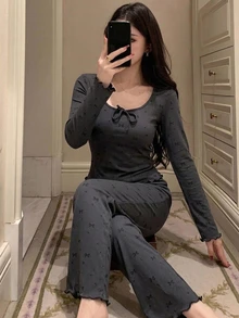 DAZY 蝴蝶結印花蝴蝶結前襟荷葉邊睡衣套裝 - 深灰色 - 查看 6