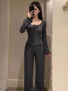 DAZY 蝴蝶結印花蝴蝶結前襟荷葉邊睡衣套裝 - 深灰色 - 查看 5
