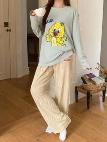 TOM AND JERRY X DAZY Cartoon & Letter Graphic PJ Set - Green - View 5