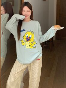TOM AND JERRY X DAZY Cartoon & Letter Graphic PJ Set - Green - View 3