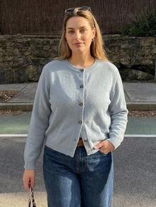 Dazy Plus Solid Color Casual Versatile Korean Style Commuter Blue Cardigan Sweater - Dusty Blue - View 5