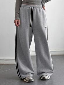 Dazy Plus Plus Size Colorblock Side Stripe Loose Drawstring Waist Casual Sports Sweatpants - Grey - View 3