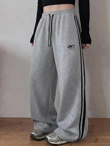 Dazy Plus Plus Size Colorblock Side Stripe Loose Drawstring Waist Casual Sports Sweatpants - Grey - View 4