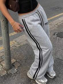 Dazy Plus Plus Size Colorblock Side Stripe Loose Drawstring Waist Casual Sports Sweatpants - Grey - View 2