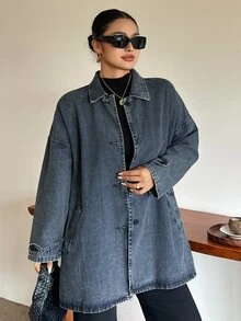 Dazy Plus New Loose Casual Vintage Denim Jacket Long Coat Spring Autumn Winter Denim Jacket And Outerwear - Medium Wash - View 3