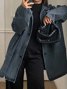 Dazy Plus New Loose Casual Vintage Denim Jacket Long Coat Spring Autumn Winter Denim Jacket And Outerwear - Medium Wash - View 7