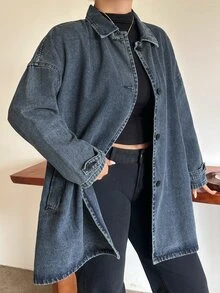 Dazy Plus New Loose Casual Vintage Denim Jacket Long Coat Spring Autumn Winter Denim Jacket And Outerwear - Medium Wash - View 4