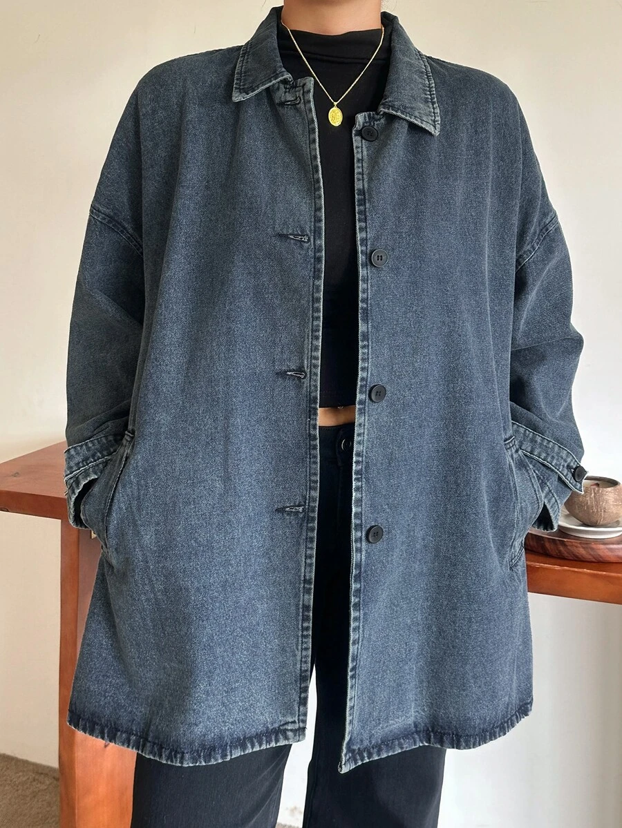 Dazy Plus New Loose Casual Vintage Denim Jacket Long Coat Spring Autumn Winter Denim Jacket And Outerwear - Medium Wash - View 1