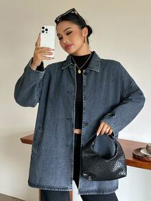 Dazy Plus New Loose Casual Vintage Denim Jacket Long Coat Spring Autumn Winter Denim Jacket And Outerwear - Medium Wash - View 2