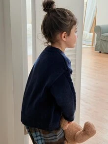 DAZY Young Girl Heart Embroidery Round Neck Drop Shoulder Long Sleeve Casual Sweater - Navy Blue - View 8