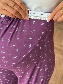 Dazy Maternity Ditsy Floral Flared Leg Pants With Lace Trim, Elastic Waist, Casual Vacation Maternity Trousers For Spring And Autumn - Purple - View 6