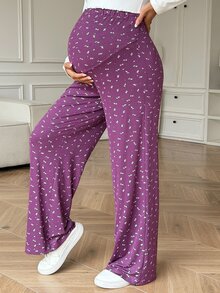 Dazy Maternity Ditsy Floral Flared Leg Pants With Lace Trim, Elastic Waist, Casual Vacation Maternity Trousers For Spring And Autumn - Purple - View 8