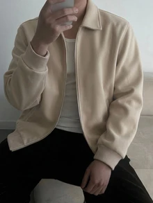 DAZY 男士素色拉鍊休閒運動外套 - 米色 - 查看 4
