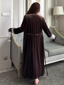 Dazy Plus Velvet Thickened Contrast Lace Elegant Cami Dress Long Cardigan Robe Autumn/Winter Sleepwear Set - Brown - View 2