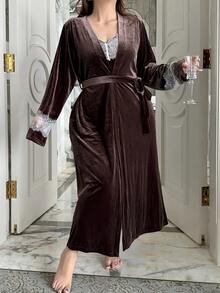 Dazy Plus Velvet Thickened Contrast Lace Elegant Cami Dress Long Cardigan Robe Autumn/Winter Sleepwear Set - Brown - View 4