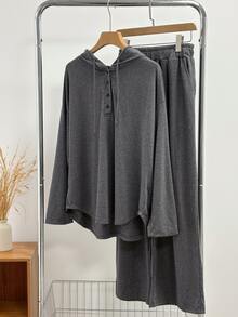 DAZY Women's Button Half-Zip Hooded Sweatshirt And Pants 2 Pieces Set - Grey - View 1