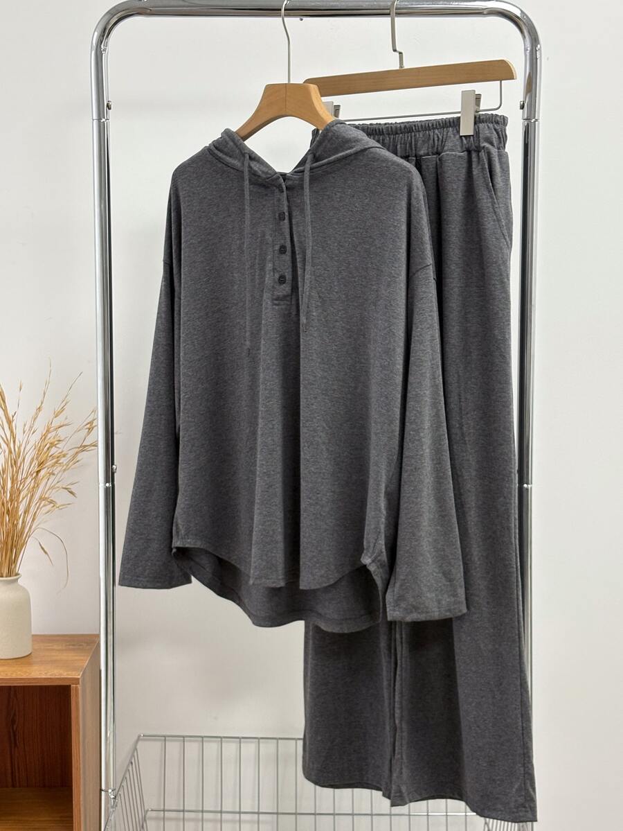 DAZY Women's Button Half-Zip Hooded Sweatshirt And Pants 2 Pieces Set - Grey - View 1