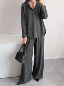 DAZY Women's Button Half-Zip Hooded Sweatshirt And Pants 2 Pieces Set - Grey - View 4
