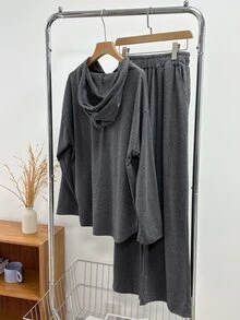DAZY Women's Button Half-Zip Hooded Sweatshirt And Pants 2 Pieces Set - Grey - View 2