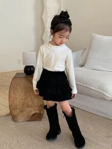 DAZY Baby Girl Solid Color Round Neck Lace Patchwork Fashion Versatile Top - Beige - View 7