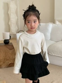 DAZY Baby Girl Solid Color Round Neck Lace Patchwork Fashion Versatile Top - Beige - View 6