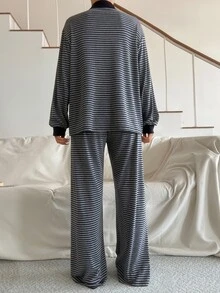 DAZY Women's Collared Button Long Sleeve Top & Striped Long Pants Loungewear Set - Grey - View 2