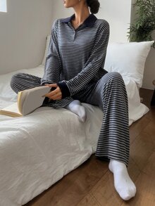 DAZY Women's Collared Button Long Sleeve Top & Striped Long Pants Loungewear Set - Grey - View 4