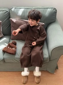DAZY Infant Boys Round Neck Long Sleeve Solid Color Casual 2pcs Sweatshirt Set - Coffee Brown - View 6