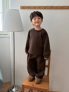 DAZY Infant Boys Round Neck Long Sleeve Solid Color Casual 2pcs Sweatshirt Set - Coffee Brown - View 7