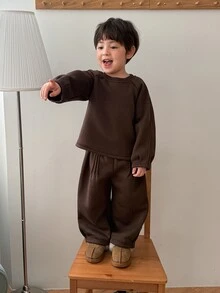 DAZY Infant Boys Round Neck Long Sleeve Solid Color Casual 2pcs Sweatshirt Set - Coffee Brown - View 3