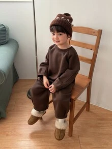 DAZY Infant Boys Round Neck Long Sleeve Solid Color Casual 2pcs Sweatshirt Set - Coffee Brown - View 8