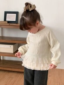 DAZY Baby Girl Round Neck Ruffle Trim Long Sleeve Korean Style One-Piece Casual Sweatshirt, Autumn/Winter - Apricot - View 5