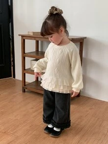 DAZY Baby Girl Round Neck Ruffle Trim Long Sleeve Korean Style One-Piece Casual Sweatshirt, Autumn/Winter - Apricot - View 1