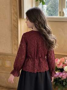 DAZY Tween Girl Lace Casual Versatile Daily Wear Blouse - Burgundy - View 6