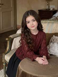 DAZY Tween Girl Lace Casual Versatile Daily Wear Blouse - Burgundy - View 3
