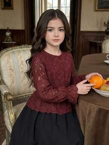 DAZY Tween Girl Lace Casual Versatile Daily Wear Blouse - Burgundy - View 2