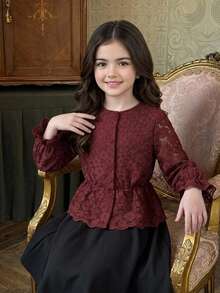 DAZY Tween Girl Lace Casual Versatile Daily Wear Blouse - Burgundy - View 5