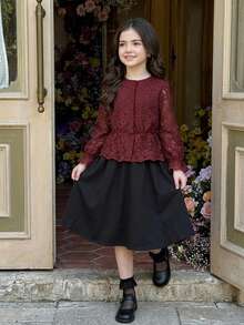 DAZY Tween Girl Lace Casual Versatile Daily Wear Blouse - Burgundy - View 8